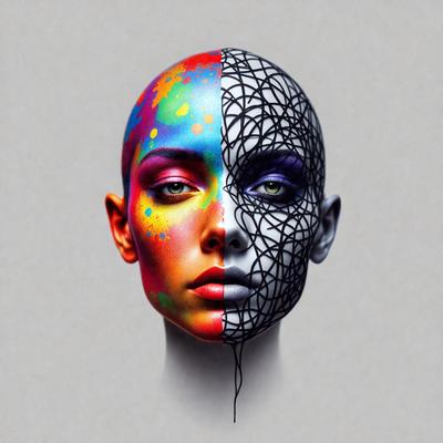 The primary subject of the image is a woman with a colorful and artistic face. She has a colorful mosaic design on her face, which adds a vibrant and creative touch to her appearance. The setting is a gray background, which provides a neutral and clean backdrop for the woman's face. The visual style of the image is a combination of digital art and illustration, creating a unique and eye-catching portrait. The colors and mood of the image are lively and energetic, with